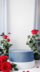Denim podium with white background and red roses
