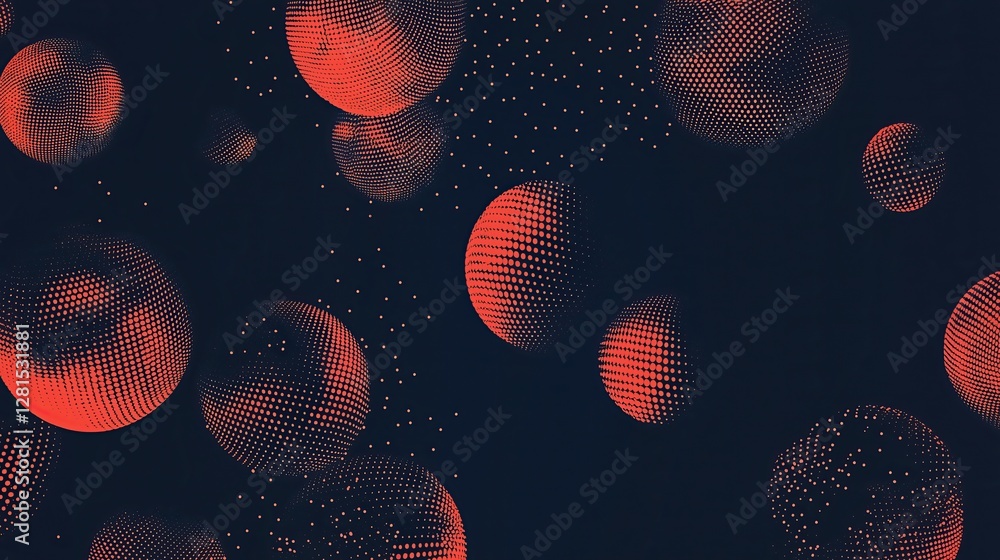 Poster abstract spheres pattern on dark background red spheres with halftone effect cosmic atmosphere