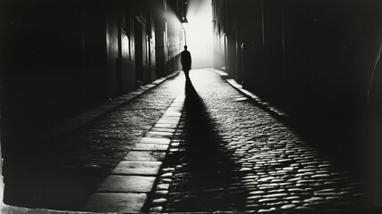 A mysterious, unexplained shadow in a black-and-white photograph of an empty alley at dusk