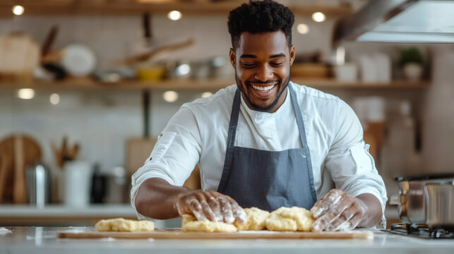 Professional chef kneading pizza dough with practiced hands in bright modern kitchen