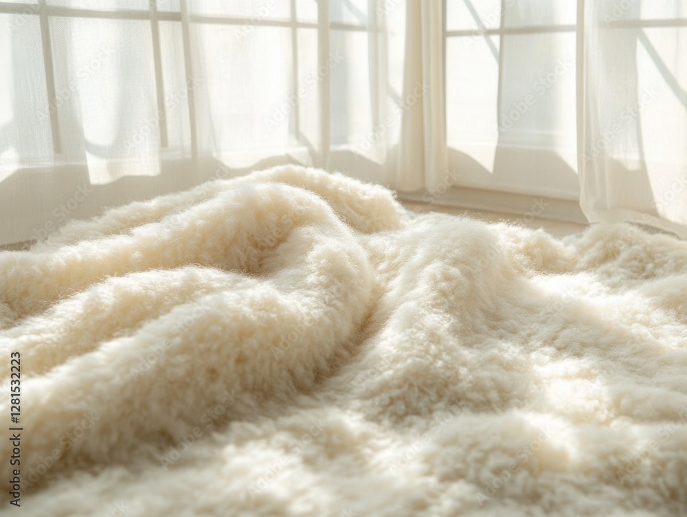 Poster cozy and serene white wool rug near window with soft sunlight casting shadows in a relaxing home int