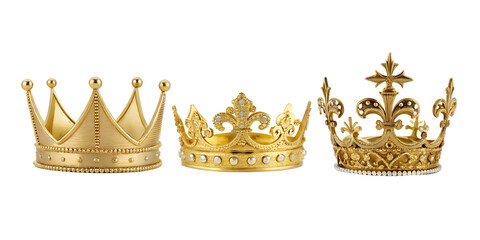 Golden crown on white, royal accessory for elegance, Cut Out