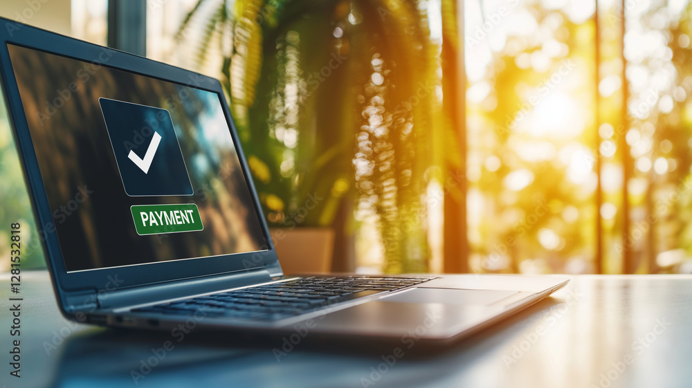 Poster laptop displaying payment confirmation with checkmark on screen, set against bright, sunlit backgrou