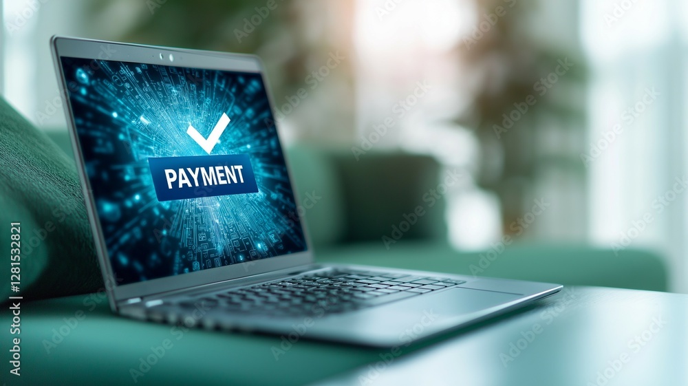 Poster a laptop displaying checkmark symbol and word payment on screen, symbolizing online transactions and