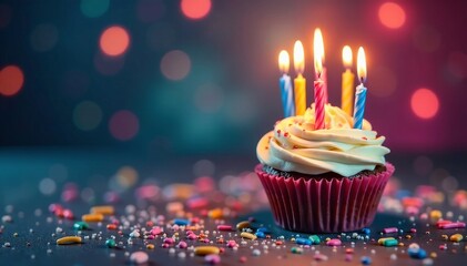 Colorful birthday cupcake with lit candles on festive background, party, cupcake, candles