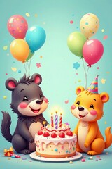 Fototapeta premium Colorful cartoon animals celebrating birthday with balloons and cake, happy, cute