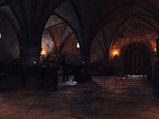 Wooden door in an old medieval cellar with wine barrels and burning torches. Made from 3d resources and painted elements. No AI used. 