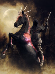 Fantasy horseman sitting on a ghastly horse, holding a sword, dark withered forest in the background. Made from 3d resources and painted elements. No AI used. 