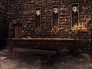 Medieval wooden table and bench in a medieval chamber with fantasy banners and candles. Made from 3d resources and painted elements. No AI used. 