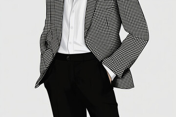 Illustration of a sophisticated, tailored blazer in a houndstooth pattern, paired with sleek black trousers and a white shirt. The sharp lines and classic pattern evoke a sense of elegance and