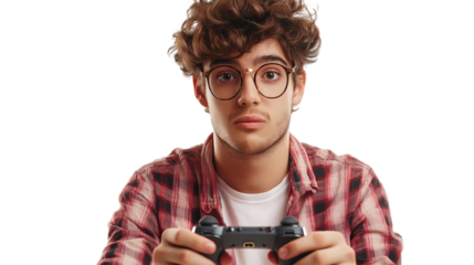 Young game developer, stylish geeky outfit, passionate expression, isolated PNG