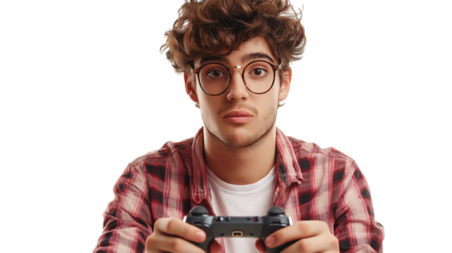 Young game developer, stylish geeky outfit, passionate expression, isolated PNG