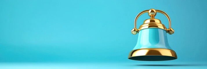 Bright Blue and Gold Bell Isolated on a Smooth Turquoise Background for Creative Design Projects