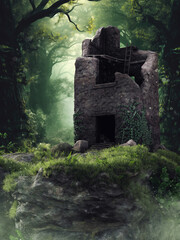 Fantasy landscape with a ruined medieval tower surrounded by a green forest and grass. Made from 3d resources and painted elements. No AI used. 