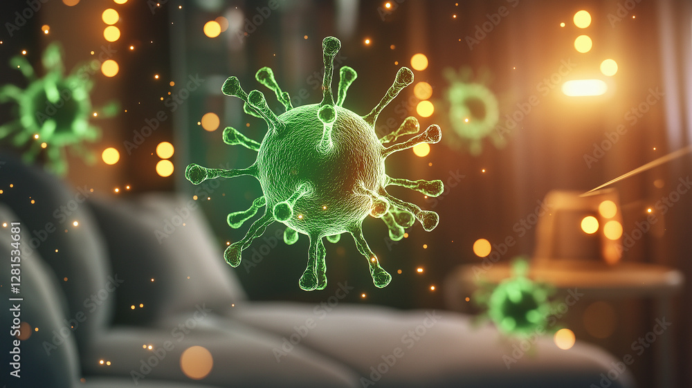 Poster floating green virus like shapes in cozy indoor setting create surreal atmosphere. glowing particles