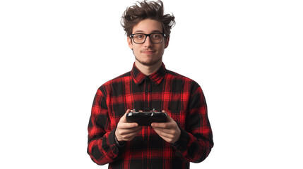 Young game developer, stylish geeky outfit, passionate expression, isolated PNG