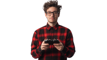 Young game developer, stylish geeky outfit, passionate expression, isolated PNG