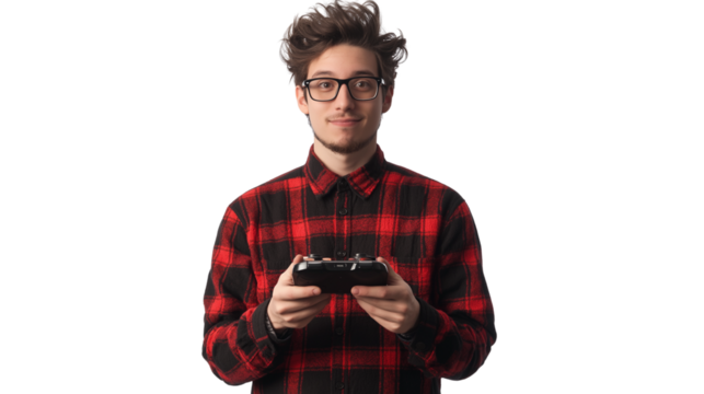 Young game developer, stylish geeky outfit, passionate expression, isolated PNG
