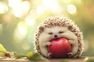 Illustration of a small hedgehog curled up into a tiny ball, holding a bright red apple with its tiny paws. The soft, textured fur and little beady eyes make it look adorable, perfect for a whimsical