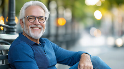 happy senior man sitting on bench in park, enjoying sunny day. His silver hair and glasses complement his cheerful expression, surrounded by blurred greenery and warm lights