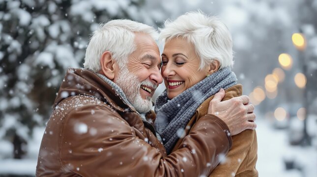 Happy elderly couple in winter