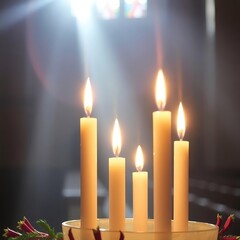 Four lit advent candles in a church, soft light, hazy atmosphere bright lens flare, light streaks, vibrant warm colors, glowing effect