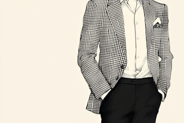 Illustration of a sophisticated, tailored blazer in a houndstooth pattern, paired with sleek black trousers and a white shirt. The sharp lines and classic pattern evoke a sense of elegance and