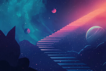 Illustration of a stairway made of shimmering stardust, leading from the surface of the Earth into the vastness of space. Each step glows softly, as if imbued with celestial energy, and distant
