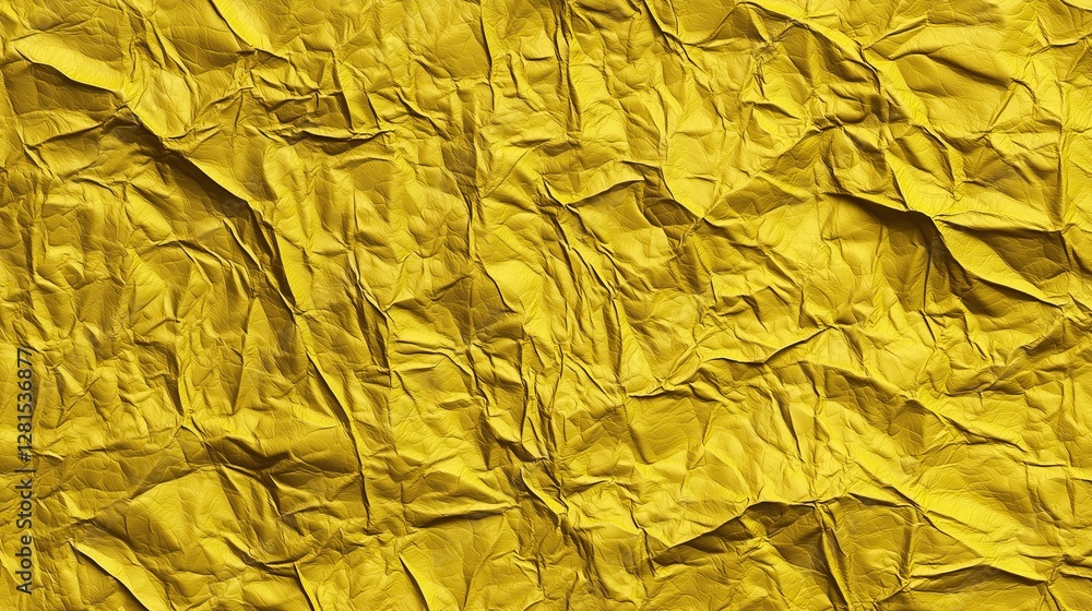 Aufkleber Close up of heavily crumpled yellow paper abstract textured surface with sharp folds and shadows