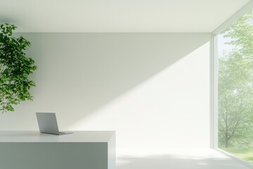 Minimalist workspace features natural light and greenery, creati