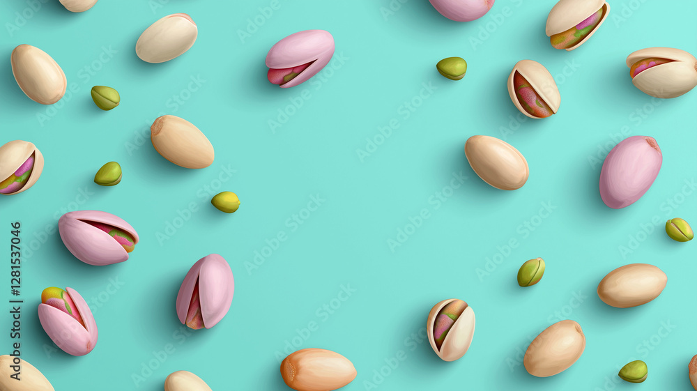 Poster colorful pistachio nuts scattered on vibrant turquoise background create lively and playful atmosphe