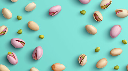 Colorful pistachio nuts scattered on vibrant turquoise background create lively and playful atmosphere. mix of open and closed shells adds visual interest