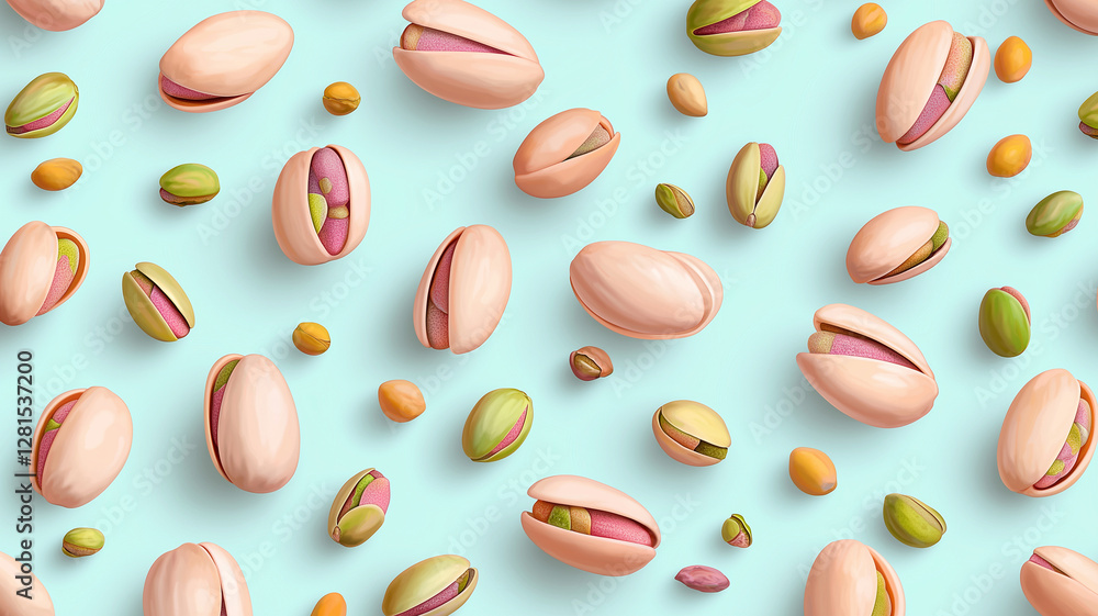 Poster colorful pistachio nuts scattered on pastel background create vibrant and playful pattern. mix of op