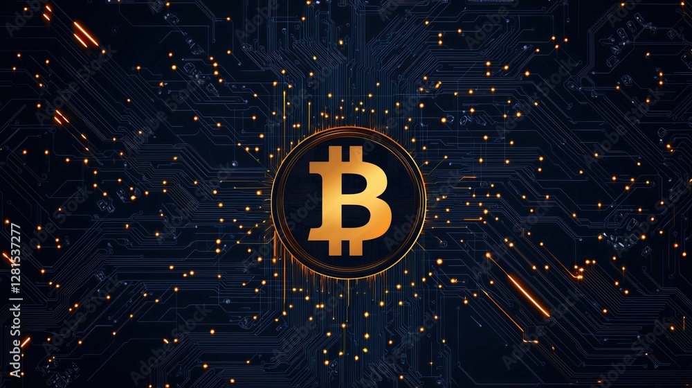 Poster Digital currency symbol golden symbol surrounded by abstract circuit board design with lights