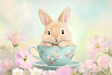 Illustration of an adorable fluffy baby bunny sitting inside a teacup, surrounded by pastel colored flowers. Its tiny paws rest on the rim, while its big, curious eyes and soft fur make it