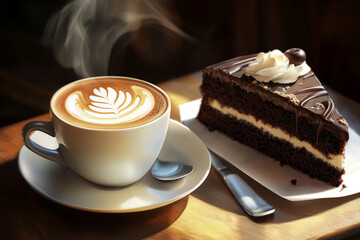 Illustration of a steaming cup of coffee with frothy milk art on top, accompanied by a slice of decadent chocolate cake. The cozy setting of the cafe adds to the indulgence and warmth of this