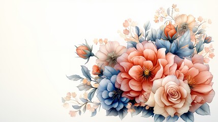 Floral Watercolor Bouquet with Soft Peach Pink and Blue Hues on White Background