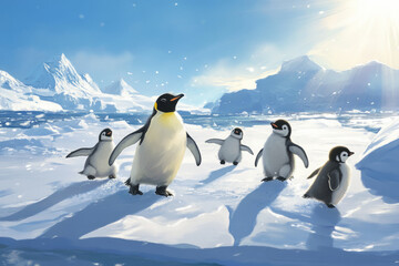 Obraz premium Illustration of a playful family of penguins waddling across the icy Antarctic landscape. The snow glistens under the bright sunlight, while the baby penguins slide across the ice in an adorable