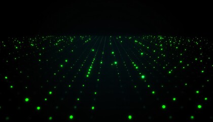 Brightly glowing green digital dots arranged in a grid, creating a pattern that symbolizes technology, data, and futuristic digital environments, viewed from a dynamic perspective.