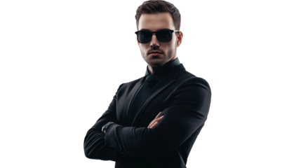 Cybersecurity expert in a dark stylish outfit, sharp and serious gaze, modern and professional, isolated PNG