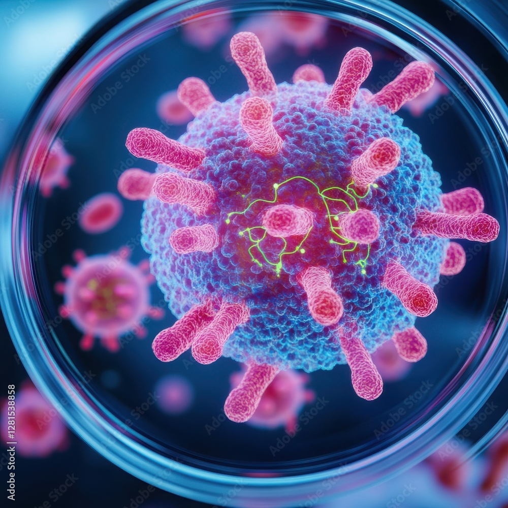 Poster detailed microscopic view of a virus with vibrant colors, showcasing its complex structure and uniqu