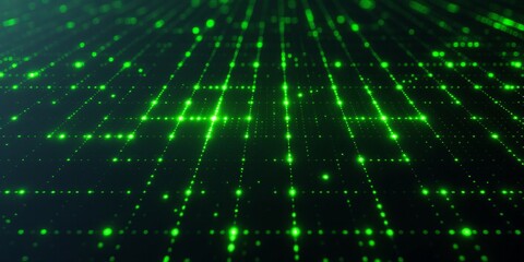 Brightly glowing green digital dots arranged in a grid, creating a pattern that symbolizes technology, data, and futuristic digital environments, viewed from a dynamic perspective.
