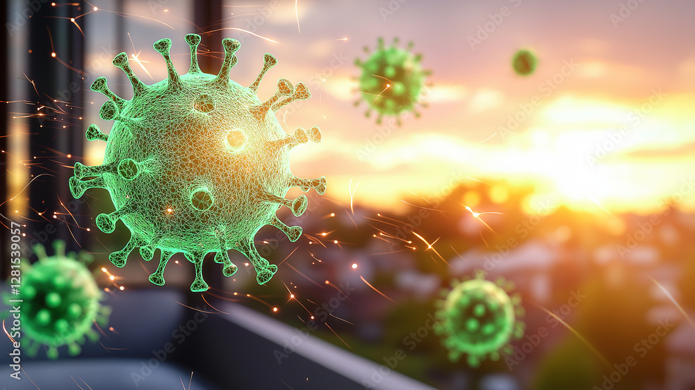 Poster image showcases vibrant sunset with floating green virus particles, creating striking contrast betwe