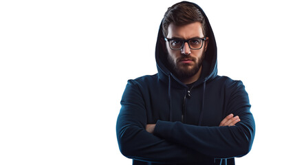Cybersecurity expert in a dark stylish outfit, sharp and serious gaze, modern and professional, isolated PNG