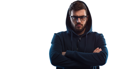 Cybersecurity expert in a dark stylish outfit, sharp and serious gaze, modern and professional, isolated PNG