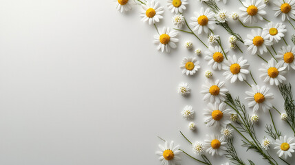 Fresh chamomile flowers arranged on light background
