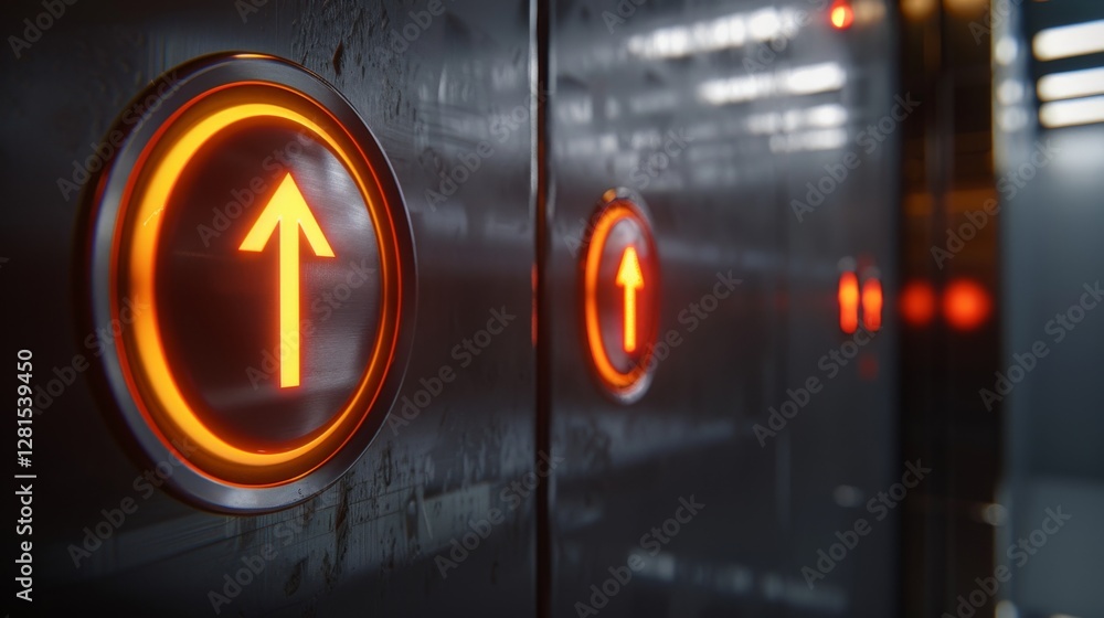 Poster illuminated elevator buttons glowing with upward arrows in a modern building during daytime