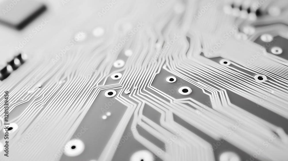 Poster Close up of electronic circuit board with trace patterns and solder points in monochrome