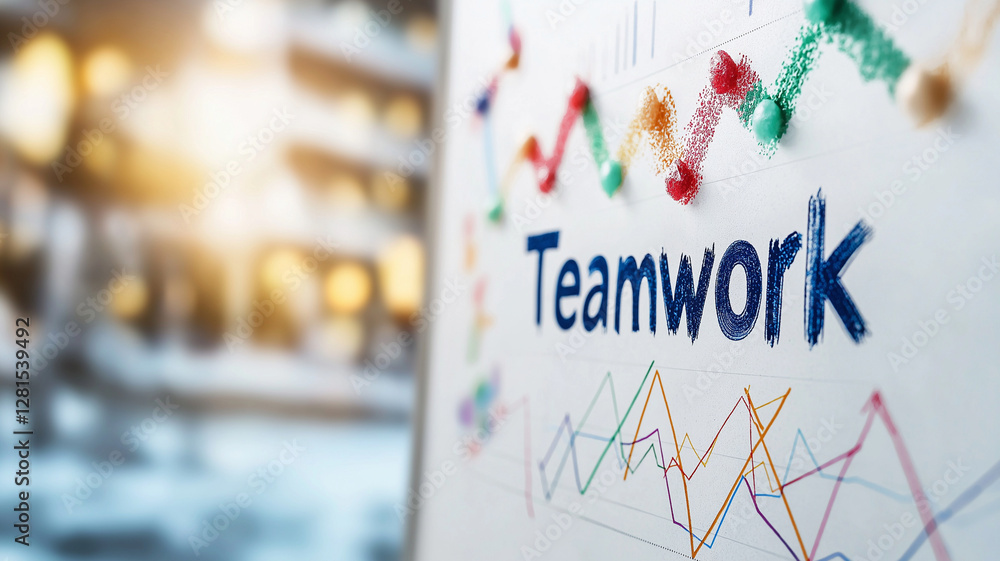 Poster Teamwork is emphasized on whiteboard with colorful graphs and charts in background, symbolizing collaboration and progress in professional setting