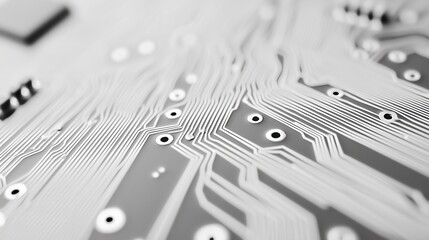 Close up of electronic circuit board with trace patterns and solder points in monochrome